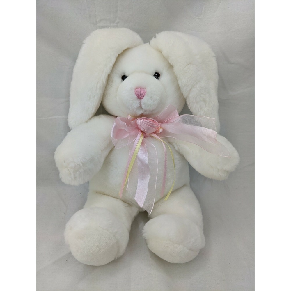 Commonwealth White Rabbit Plush 12 Inch Pink Ribbon Flower Stuffed Animal Toy